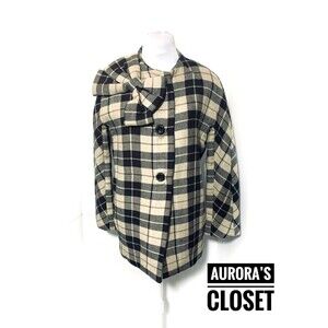 Kate Spade 12Y Tan Plaid Pea Coat Wool Dorothy Bow Neck Women's Medium $198